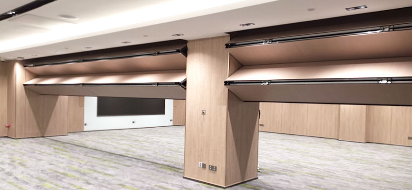 wood office vertical retractable acoustic partition display