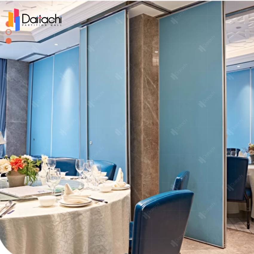 Blue Manual Moving Wall Partition Divides Restaurant Dining Room