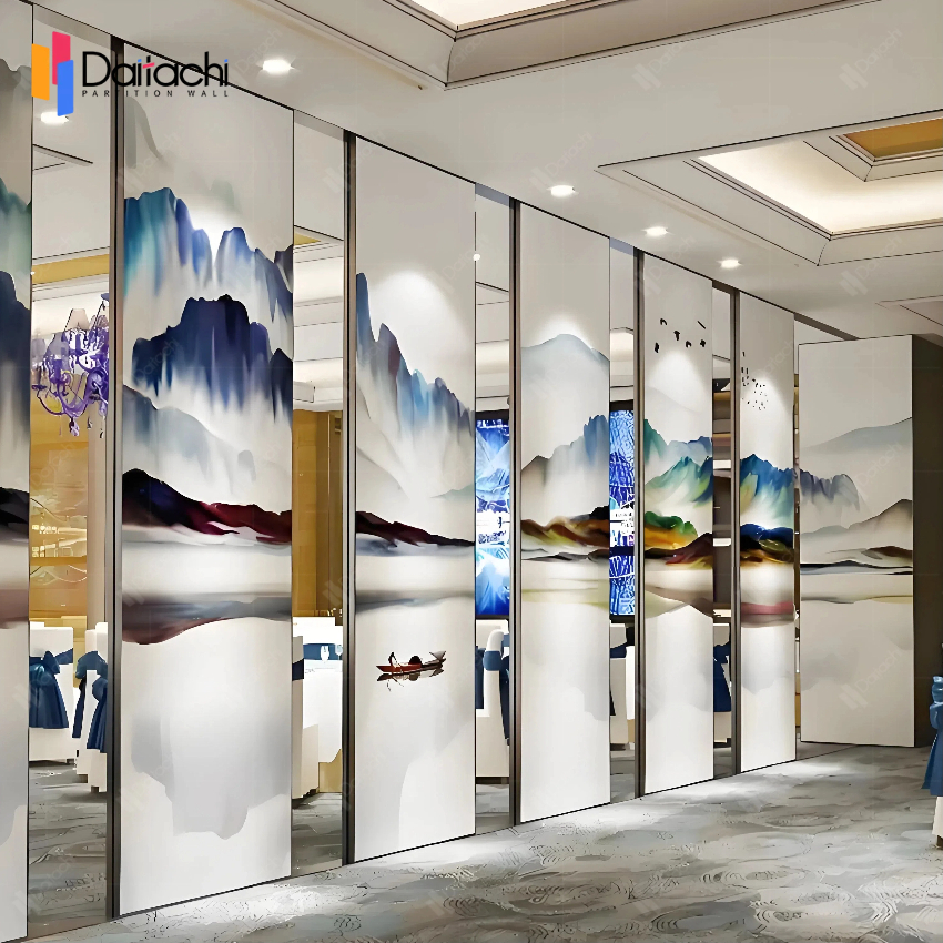 Manual movable partition wall with landscape ink painting in the restaurant