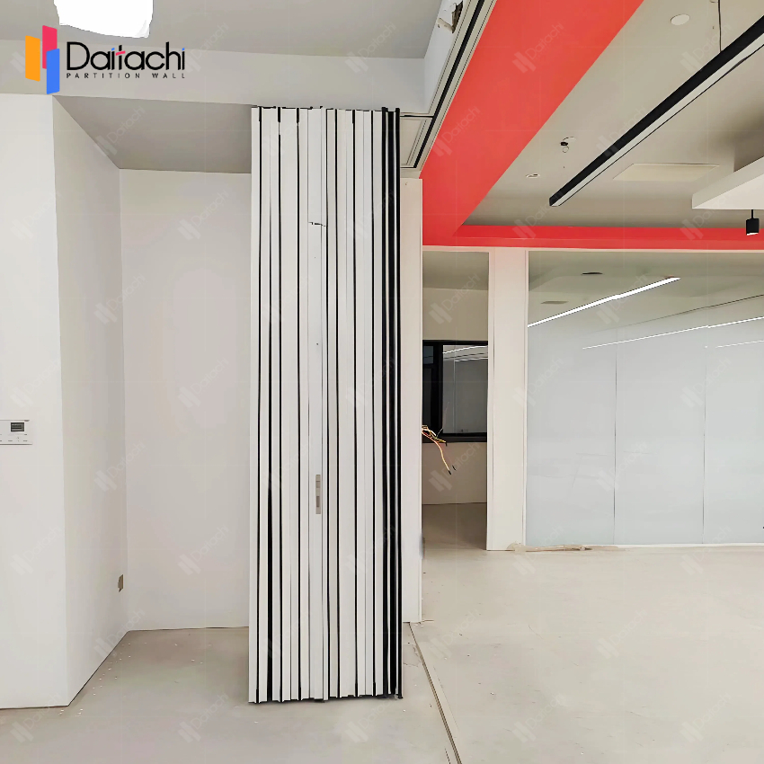 Pure white manual movable partition wall after storage