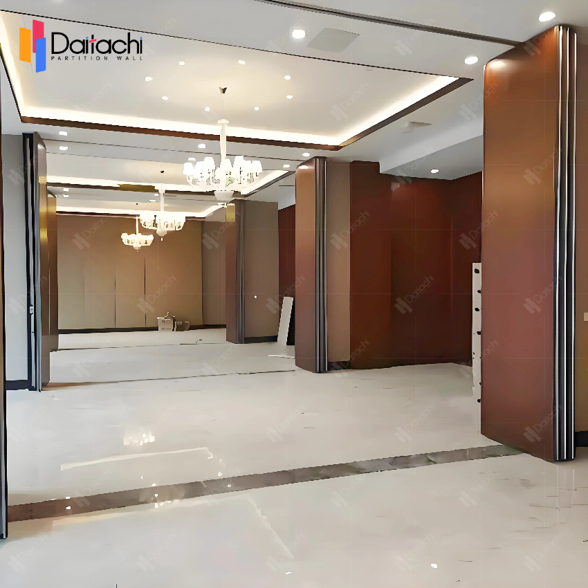 The dark brown manually <a href=https://www.daitachipartitionwall.com/Movable-Partition-Wall.html target='_blank'>Movable Partition Wall</a> is stored