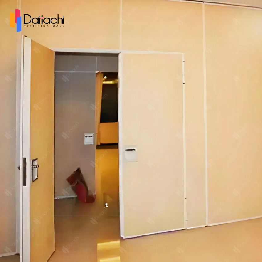 light-yellow sliding partition wall with door