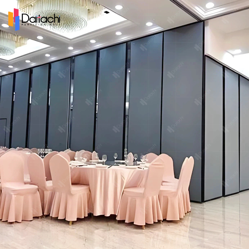 The hotel's minimalist gray manually movable partition wall