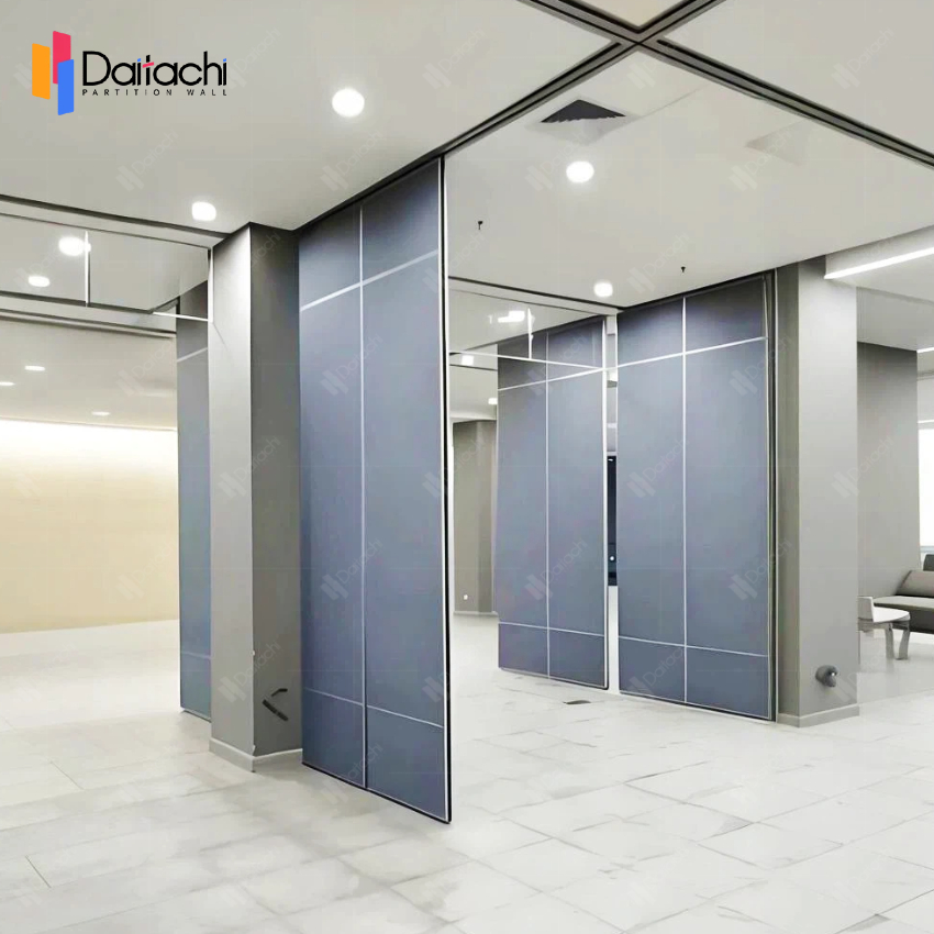 Simple, modular, gray, manually operated movable partition wall. Simple, modular, gray, manually operated movable partition wall.