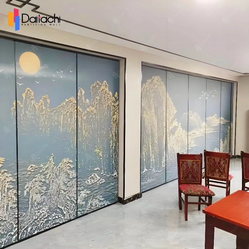 Blue-gray background, simple printed pattern, manually operated movable partition wall. Blue-gray background, simple printed pattern, manually operated movable partition wall.