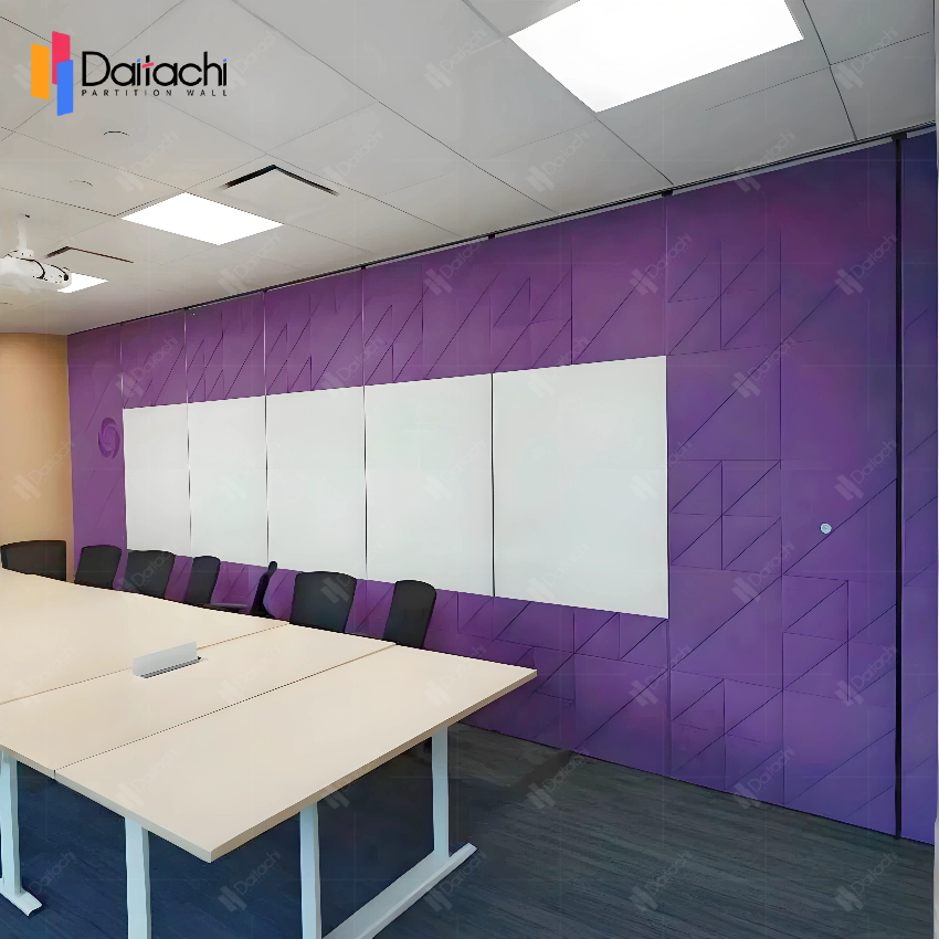 Modular partition wall with alternating purple and white panels.