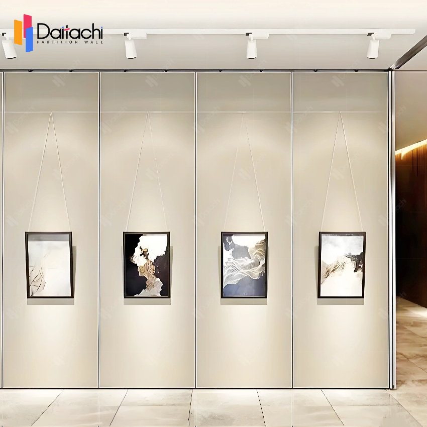 The light khaki-colored manual movable partition walls in the exhibition hall.