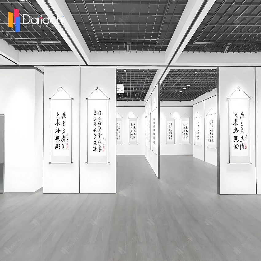 Manually operated movable partition walls in the exhibition hall