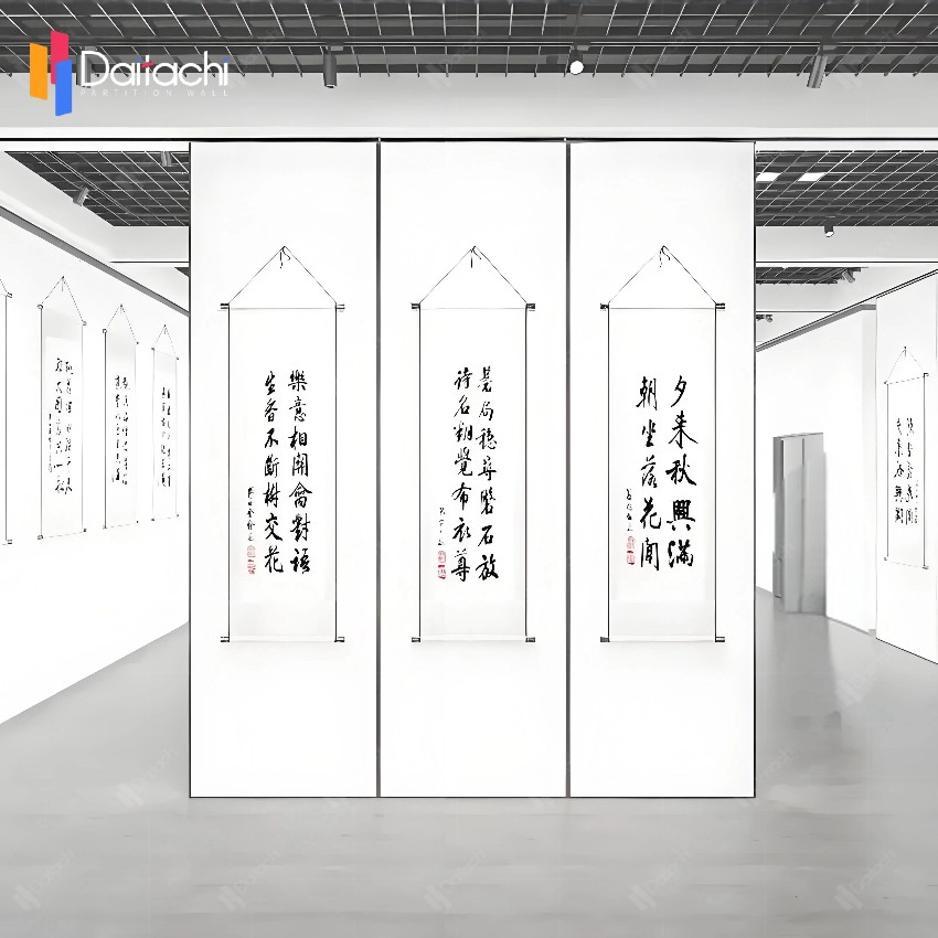 Manually operated movable partition walls in the exhibition hall